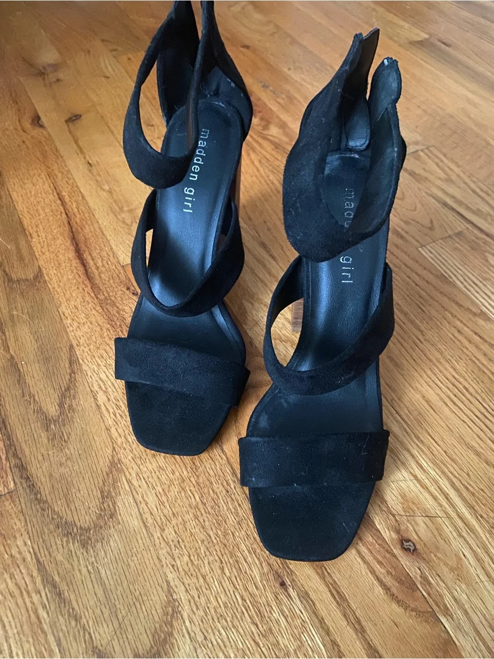 Madden Girl Black Suede Ankle-Strap Block Heels